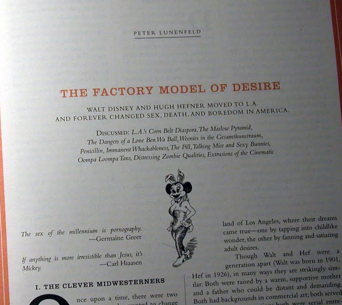 Hefner and Disney and their show business in the Believer 2011 Fim Issue