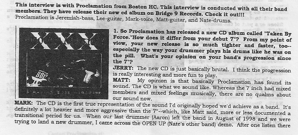 Interview with Boston Straight Edge Hardcore band Proclamation in Never Say Die Newsletter March 2000 1