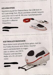 USB Stick und Trolley in ICE Format der Deutschen Bahn