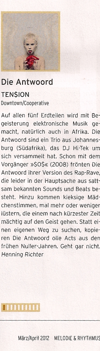 Die Antwoord Tension Review melodie & rhythmus 2012 