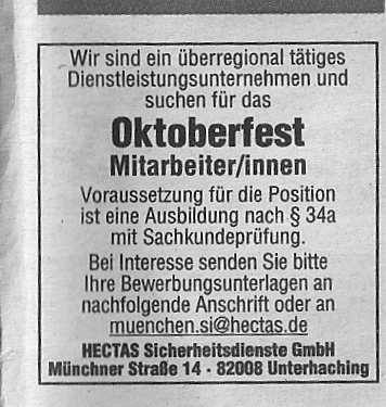 Anzeige Mitarbeiter Oktoberfest