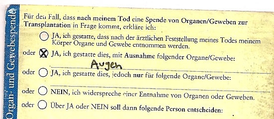 Organspendeausweis Augen